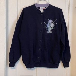 Morning Sun Petite Large Button Front Sweater Cardigan Navy Purple USA Vintage